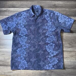 Y2K Hawaiian Aloha Shirt Mens M Blue Hibiscus Floral Made In Korea 90s Button Up